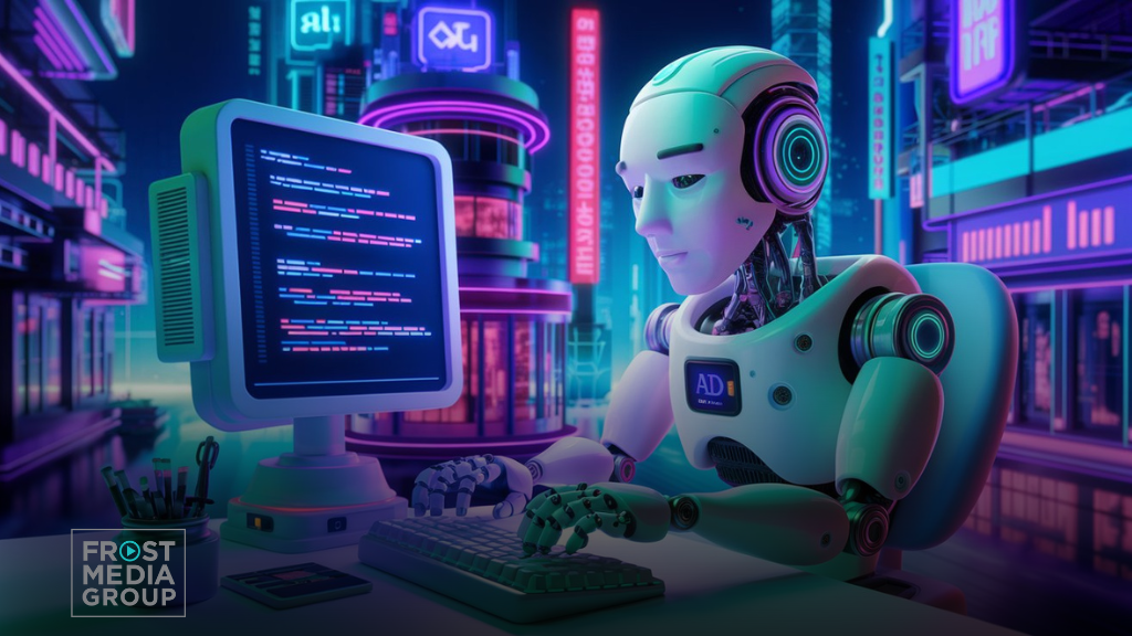 A futuristic 3D-rendered image featuring a humanoid robot working at a computer in a neon-lit cityscape. The robot, with sleek white and metallic blue features, types on a keyboard in front of a retro-style desktop monitor displaying lines of code. The vibrant background consists of glowing neon signs, advanced buildings, and digital interfaces, giving the scene a cyberpunk aesthetic. Various desk accessories, including pens and a notepad, are neatly arranged beside the robot, emphasizing the blend of AI and human work environments. AI optimized content creation.