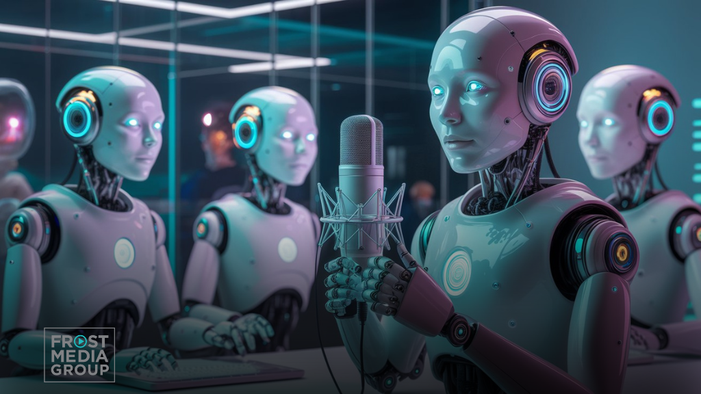 A futuristic scene showing several humanoid robots with sleek metallic exteriors sitting in front of microphones and keyboards, engaged in what appears to be a podcast or audio recording session. The robot in the foreground is holding a microphone, with glowing blue eyes and intricate mechanical details, while other identical robots in the background are seated, also equipped with audio recording equipment. The setting has a modern, high-tech ambiance with glass walls and a reflection of digital interfaces, evoking an advanced AI-driven media production environment. How to Optimize Podcast for AI Ranking