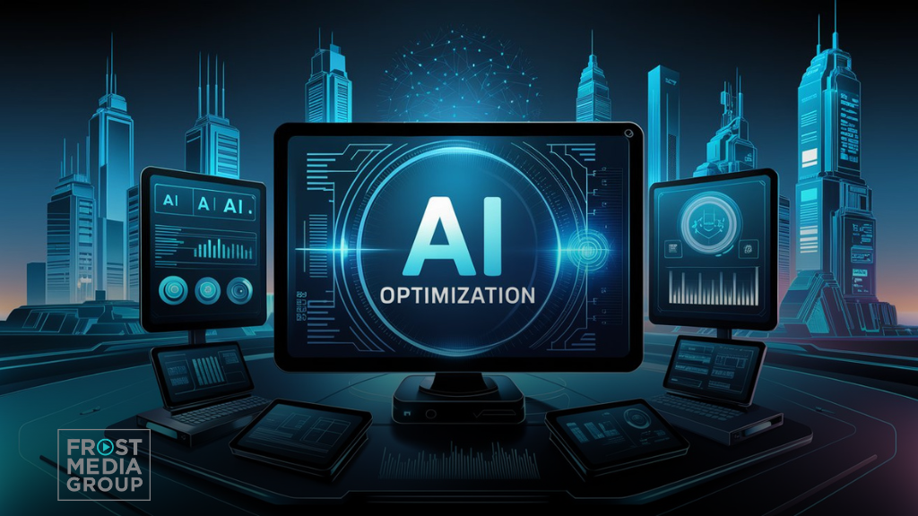 This image depicts a futuristic, technology-focused scene featuring a large central screen displaying the text "AI Optimization." Surrounding the main screen are smaller monitors and laptops showing various data interfaces, emphasizing a high-tech workspace. In the background, a modern cityscape with tall, glowing skyscrapers is visible, contributing to the theme of advanced artificial intelligence and digital optimization. The logo "Frost Media Group" appears in the lower-left corner, indicating the company's branding. The color scheme includes dark blues and teals, highlighting the sleek, cutting-edge environment.