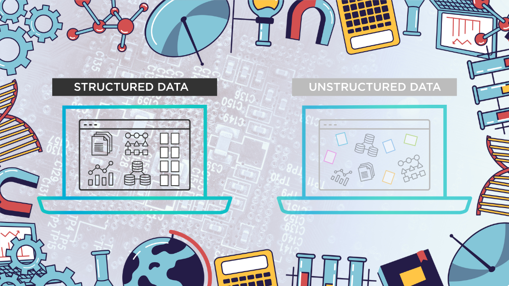 A graphic representation of the difference between structured and unstructured data. Structured data is organized in a predefined format, while unstructured data is more raw and unorganized. The image uses icons to represent different types of data, such as documents, spreadsheets, and social media posts.