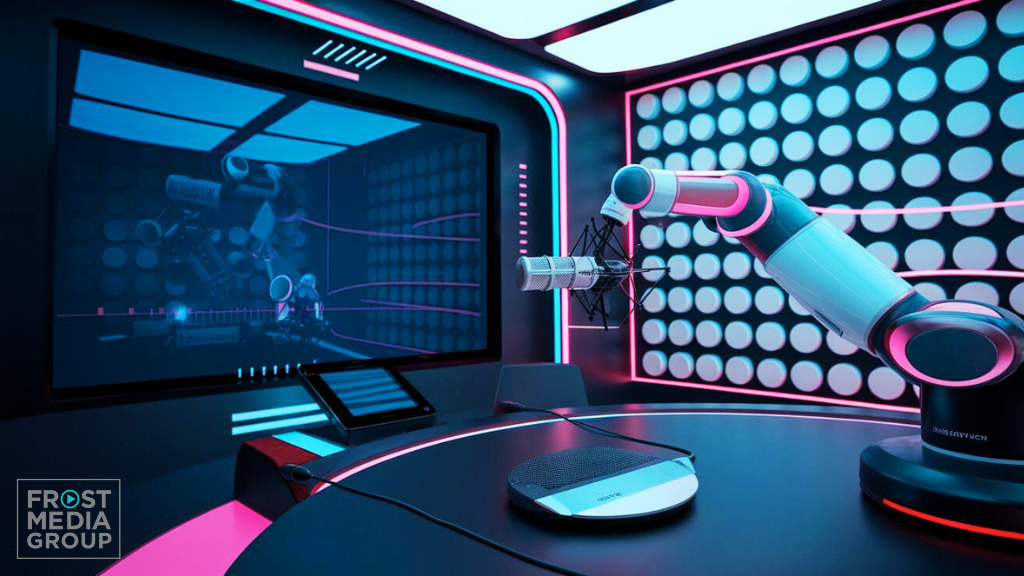 The image depicts a futuristic, high-tech podcast recording studio. The room is bathed in neon lighting, primarily in shades of blue and pink, giving it a sleek, modern atmosphere. A robotic arm holds a professional-grade microphone, positioned over a black and chrome desk equipped with a speakerphone and tablet. The walls feature a circular geometric pattern, enhancing the cutting-edge feel of the space. In the background, a large digital display screen shows a virtual interface, possibly related to robotics or podcasting software, reinforcing the advanced technological theme of the studio. The overall vibe is clean, innovative, and immersive.