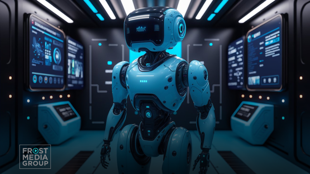 This image depicts a humanoid robot standing in a sleek, futuristic control room. The robot is blue and black with a smooth, glossy finish, and its face features a digital display. The room is illuminated by blue and white lights, with advanced digital screens and control panels lining the walls, displaying various data and futuristic interfaces. The setting conveys a high-tech environment, likely related to AI systems or robotic intelligence. The Frost Media Group (FMG) logo is placed in the bottom left corner, reinforcing the brand's association with cutting-edge technology.