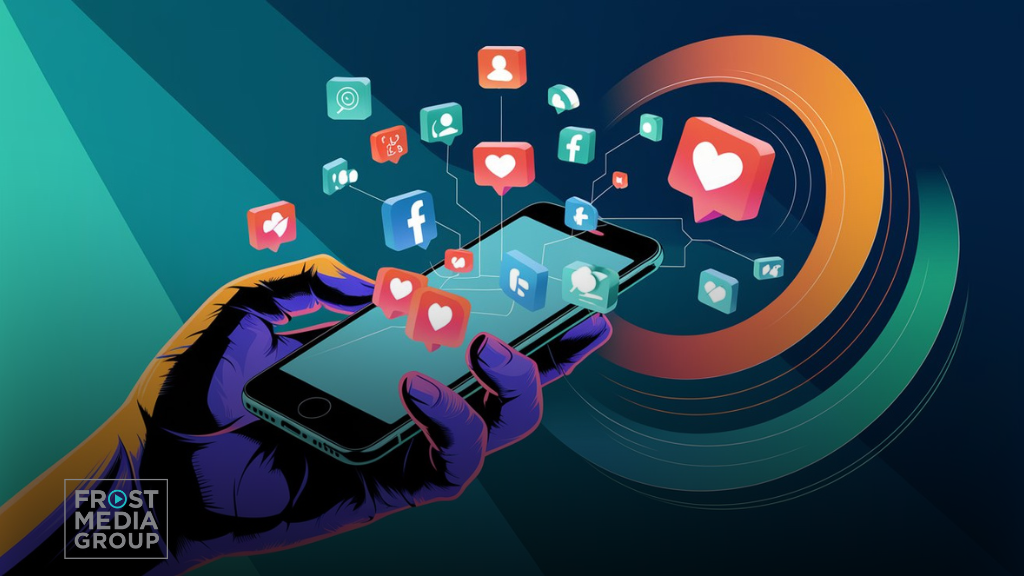 This image shows a vibrant illustration of a hand holding a smartphone, with various social media icons like Facebook, Instagram, and YouTube floating above the screen. These icons are accompanied by heart symbols, representing likes and engagement. The background features dynamic, colorful rings that give a sense of motion and connectivity, symbolizing the rapid exchange of content and interactions on social media platforms. The Frost Media Group (FMG) logo is in the lower left corner, connecting the image to the brand's focus on digital and social media content. GEO and AIO