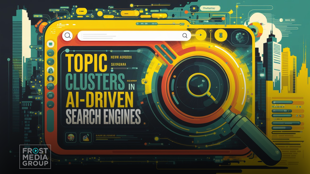 This image features a vibrant and futuristic search engine interface, with a large magnifying glass symbolizing search optimization. The main text on the screen reads, "Topic Clusters in AI-Driven Search Engines," suggesting a focus on SEO strategies. The surrounding visuals are filled with digital elements like buttons, circuit-like lines, and data streams, emphasizing the technological and AI-driven aspects of search engines. The Frost Media Group logo is visible in the bottom left corner, connecting the image to their expertise in AI optimization. The city skyline in the background gives a sense of modernity and innovation.