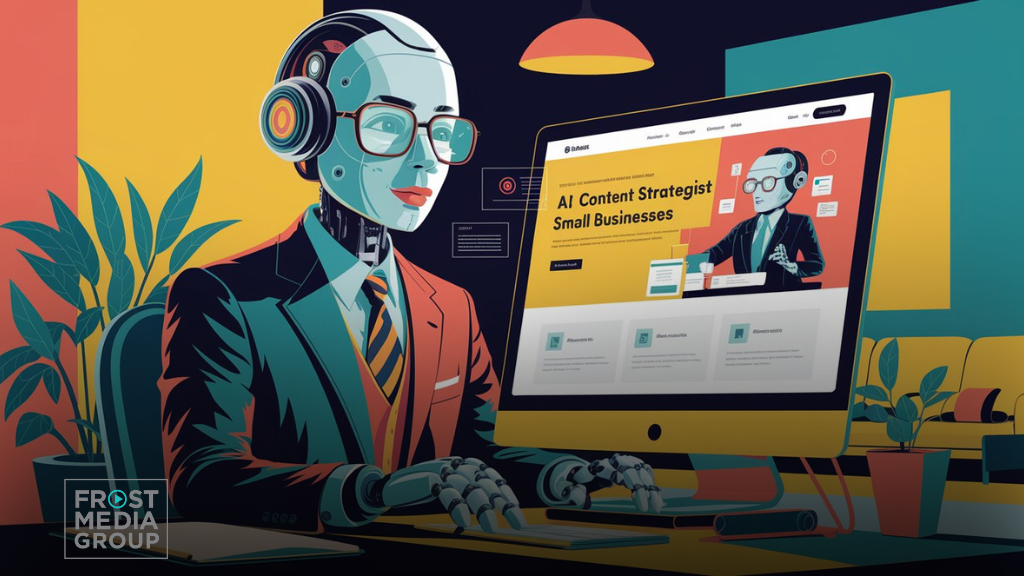 This image depicts a humanoid AI robot dressed in professional business attire, wearing glasses and a headset, working at a computer. The screen displays a webpage with the title "AI Content Strategist for Small Businesses," reflecting the robot's focus on content strategy. The background includes vibrant colors and plants, giving the workspace a modern and creative feel. The Frost Media Group logo is visible in the bottom left corner, tying the image to their branding and expertise in AI-powered solutions for business content. The overall design blends AI technology with human professionalism.