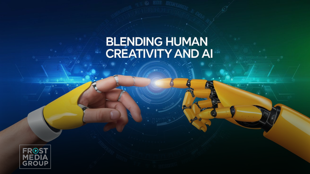 A futuristic image showcasing the concept of blending human creativity and AI. The visual depicts a human hand with a yellow prosthetic pointing toward a robotic hand with a similar yellow design, both extending fingers toward each other in a gesture reminiscent of Michelangelo's 'Creation of Adam.' The background features a glowing blue and green digital interface with circuit patterns and tech-inspired elements. Above the hands, the phrase 'Blending Human Creativity and AI' is written in bold white text. The Frost Media Group logo is placed in the lower-left corner.