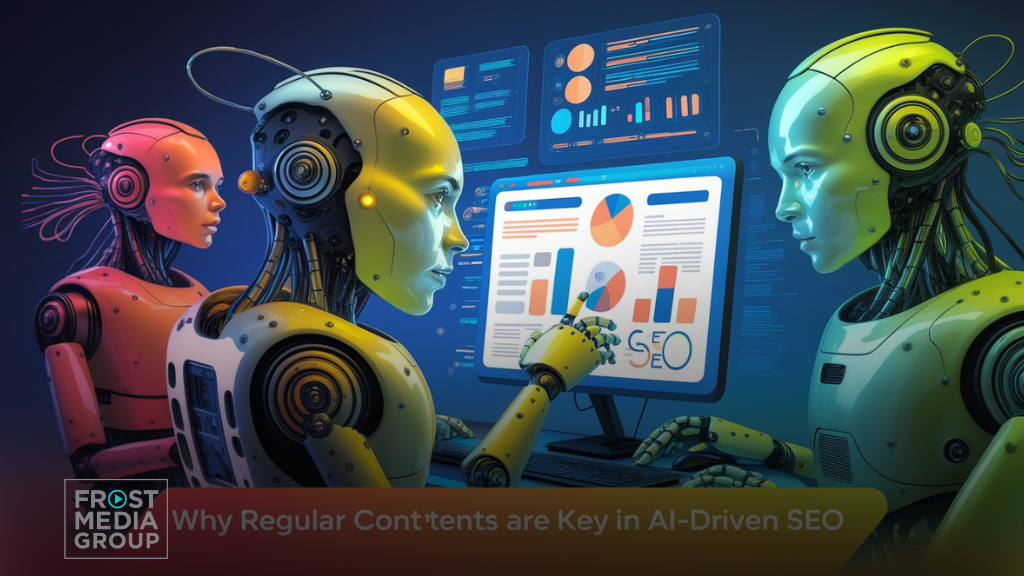 This image features three futuristic, humanoid robots working together at a computer screen displaying complex charts, graphs, and SEO-related metrics. The robots appear engaged in analyzing the data, highlighting the role of AI in content strategy. The vibrant colors and sleek design emphasize a modern, tech-driven atmosphere. A text banner at the bottom reads "Why Regular Contents are Key in AI-Driven SEO," illustrating the connection between consistent content creation and AI's role in optimizing it for search engines.