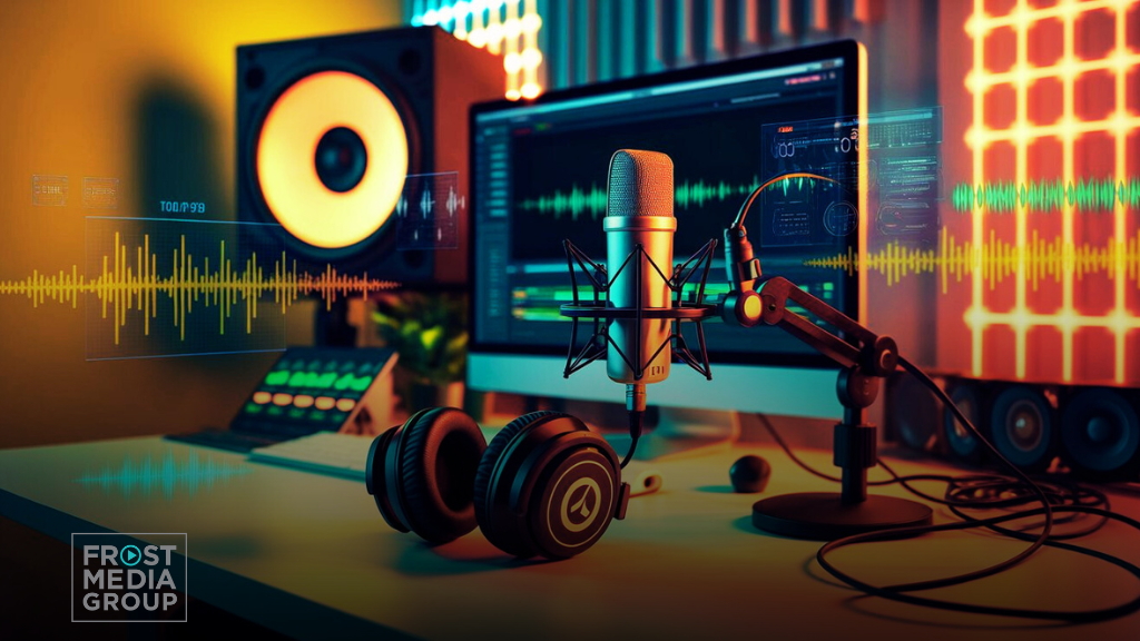 A vibrant, modern podcast studio setup with a sleek microphone and headphones on a desk, surrounded by technology-related elements like waveforms, AI icons, and digital data overlays. The background should feature soft studio lighting with a neon glow, creating a tech-driven atmosphere. The image should also include a visible computer screen with sound editing software open, hinting at the use of AI tools for enhancing podcasts. The overall scene should convey innovation, creativity, and advanced technology in the podcasting space.