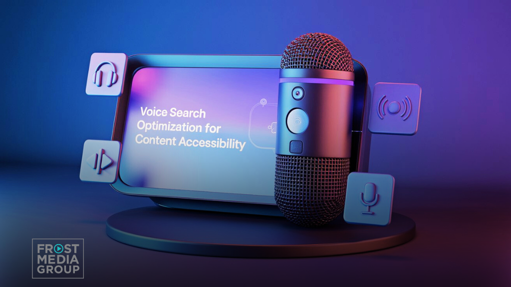 A 3D image of a voice search device with a screen displaying the text "Voice search optimization for content accessibility". The device has a microphone and a speaker. There are icons of a headset, a speaker, and a microphone near the device. The background is a gradient of blue and purple.