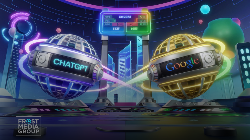 A 3D render of a futuristic setting with a vibrant color scheme. There are two large, spherical structures with the text "ChatGPT" and "Google". The ChatGPT structure is emitting blue and purple energy beams, while the Google structure is emitting green and yellow energy beams. The structures are engaged in a friendly competition, with a scoreboard showing the results. The background contains floating, glowing orbs and a city with skyscrapers.