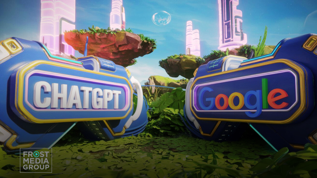 A 3D render of a futuristic setting with a vibrant color scheme. There are two large structures with the text "ChatGPT" and "Google". The background contains floating islands with tall, glowing structures. The ground is covered with lush greenery.