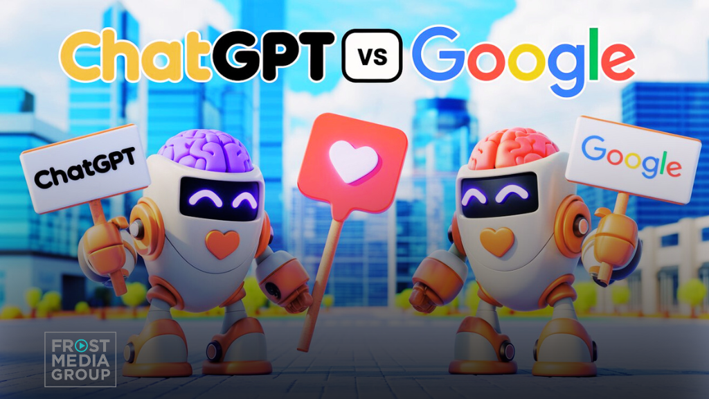 Google ChatGPT A 3D render of a vibrant image with the text "ChatGPT vs Google". There is a robot with a brain and a heart. The robot is holding a sign that says "ChatGPT". There is another robot with a brain and a heart. The robot is holding a sign that says "Google". The background is a modern city with tall buildings. Google ChatGPT