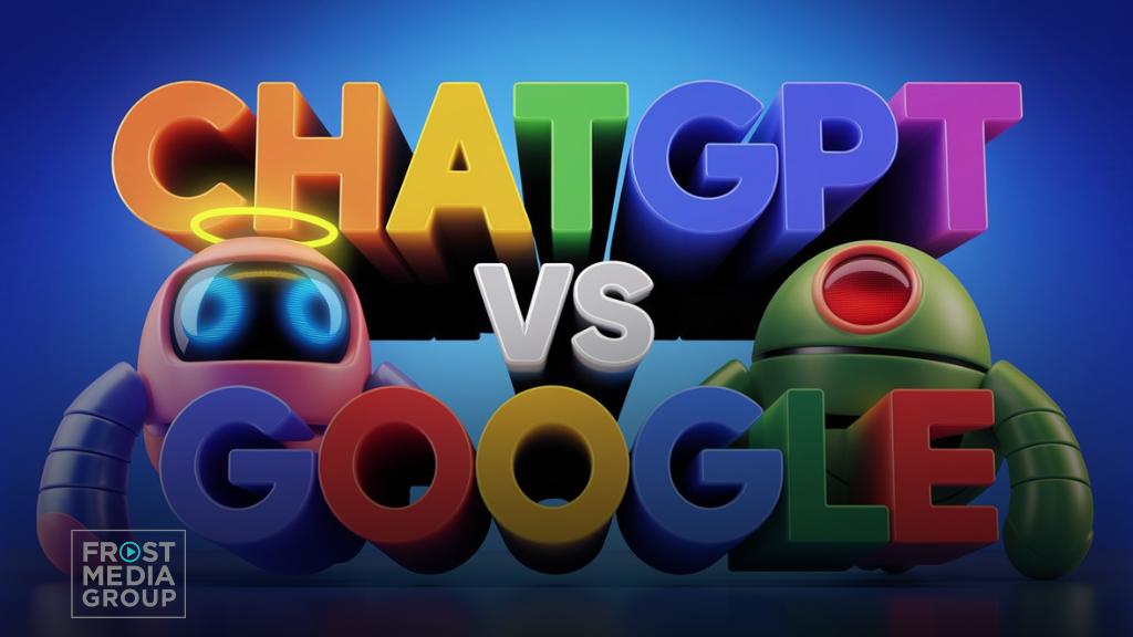 Privacy. A 3D render of the text "ChatGPT vs Google" in vibrant colors. ChatGPT is depicted as a robot with glowing blue eyes and a yellow halo. Google is depicted as a green robot with a red eye. The background is a blue gradient. Privacy